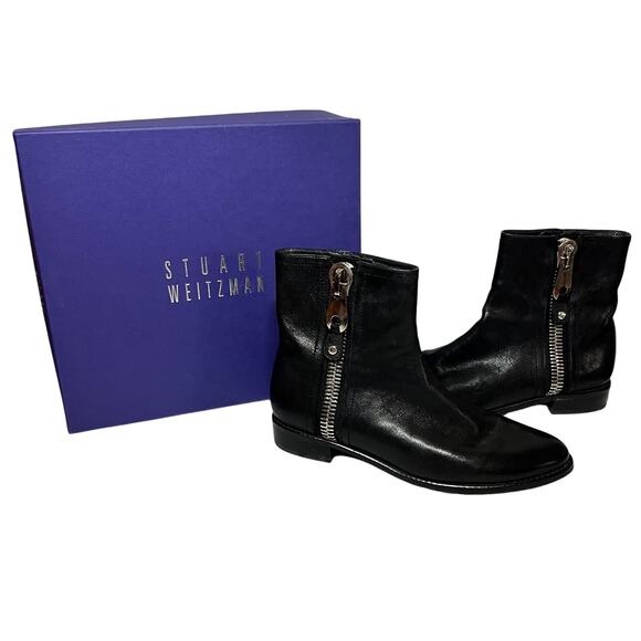 Stuart Weitzman Winzipper Boots Black Leather Silver Side Zip Ankle Career 8M - Picture 1 of 8